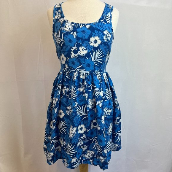 Disney Dresses & Skirts - Disney Blue Hawaiian Print Sleeveless Dress Sz. S Back Ties Characters 100%Rayon